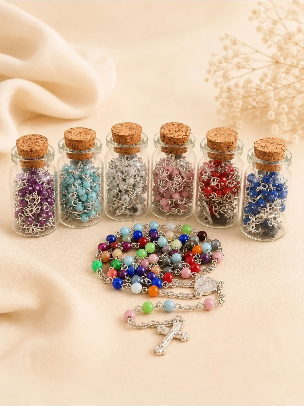 Multicolor Holy Rosary 4mm Plastic Beads Silver Tone Crucifix First Communion
